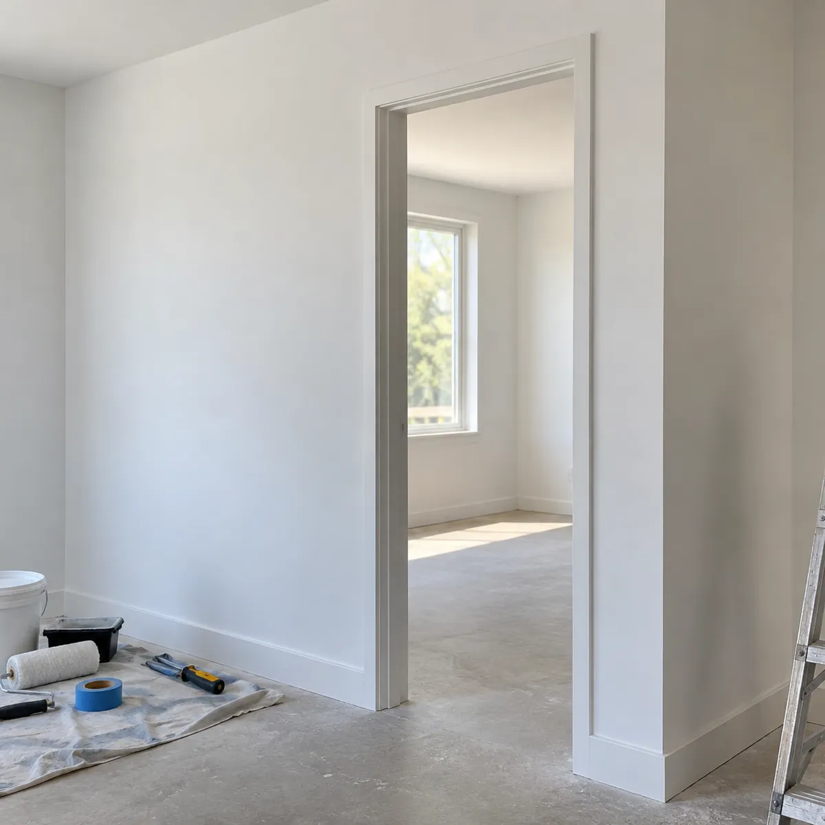 Parede de drywall pronta num cômodo claro. Imagem ilustrativa.